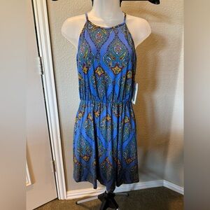 French Grey Blue Paisley Halter Mini Dress Sz M
